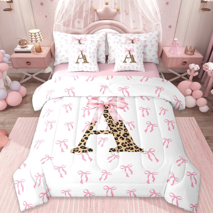 Erosebridal Cute Coquette Bowknot 7-Piece Twin Bedding Sets,Leopard Print A Alphabet Bedding Comforter Set For Bowtie Lovers,Reversible