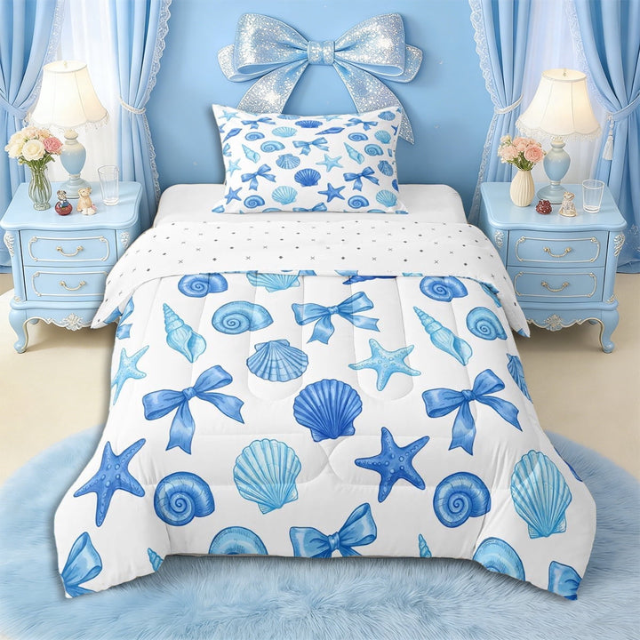 Erosebridal Teens Princess Ribbon Bowtie Twin Comforter Sets 3-Piece,Girls Blue Sea Starfish Seashell Bedding Set,Ultra Soft Home Decor