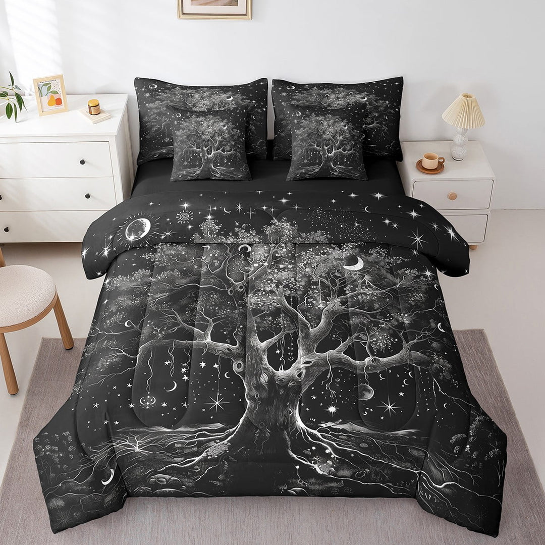 Tree Of Life Bed in a Bag 7 Pcs King Boho Exotic Bedding, Black White Sun And Moon Bedding Set with Comforter Bohemian Gothic Style Bed Set Teens Happy Halloween Themed Sheet Set