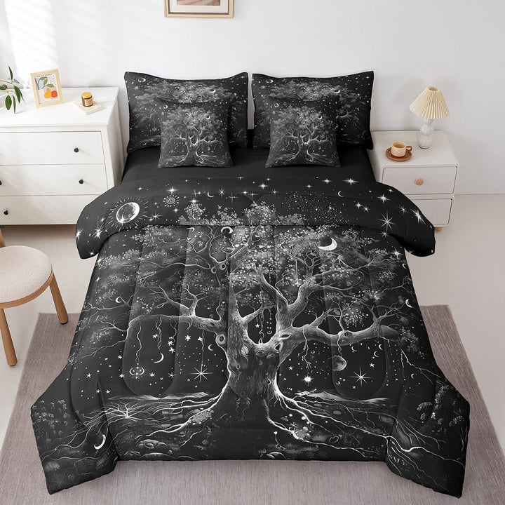 Tree Of Life Bed in a Bag 7 Pcs King Boho Exotic Bedding, Black White Sun And Moon Bedding Set with Comforter Bohemian Gothic Style Bed Set Teens Happy Halloween Themed Sheet Set