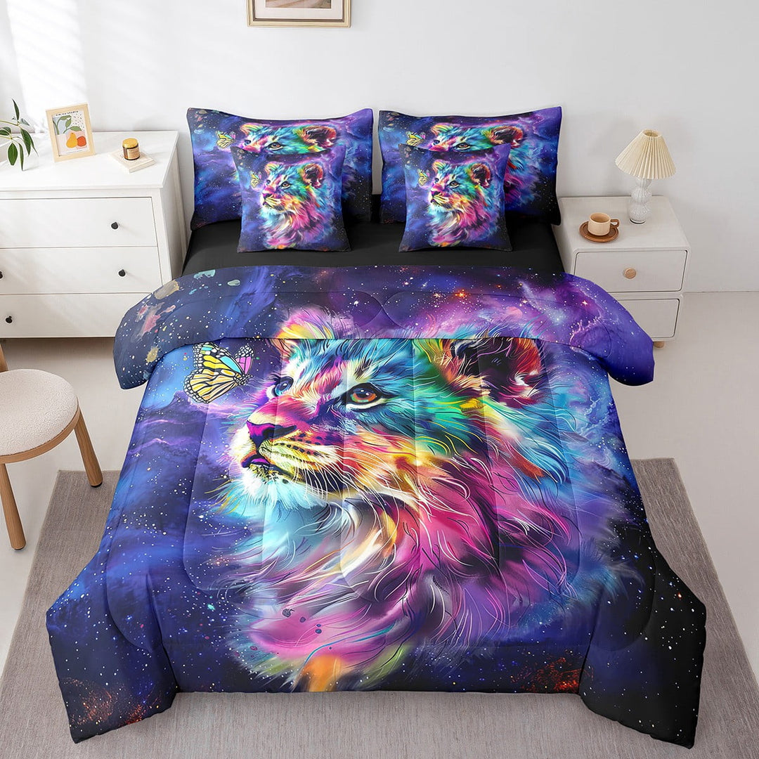 Erosebridal 7pcs Cute Lion Bedding Twin Purple Galaxy Comforter Set, Rainbow Butterfly Bedding Comforter Sets Kawaii Kitten Bed in a Bag, Univers Glitter Stars Bedding Accessories