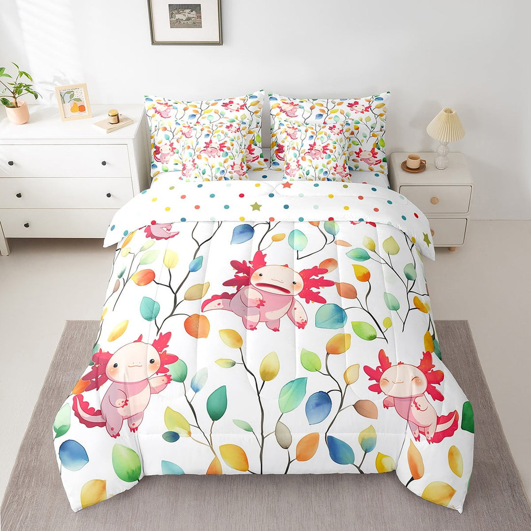 Cartoon Axolotl Bedding Twin Size 7 Pieces Watercolor Floral Comforter Set, Botanical Plants Bedding Comforter Sets Cute Fish Animal Bed in a Bag, Tropical Leaves Bedding Accessories