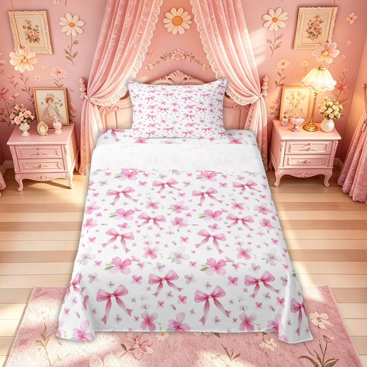 Meiyoeat Cherry Blossom Bow Full Size Sheets for Women Girls, Cartoon Watercolor Pink Floral Bed Sheets, 4pcs