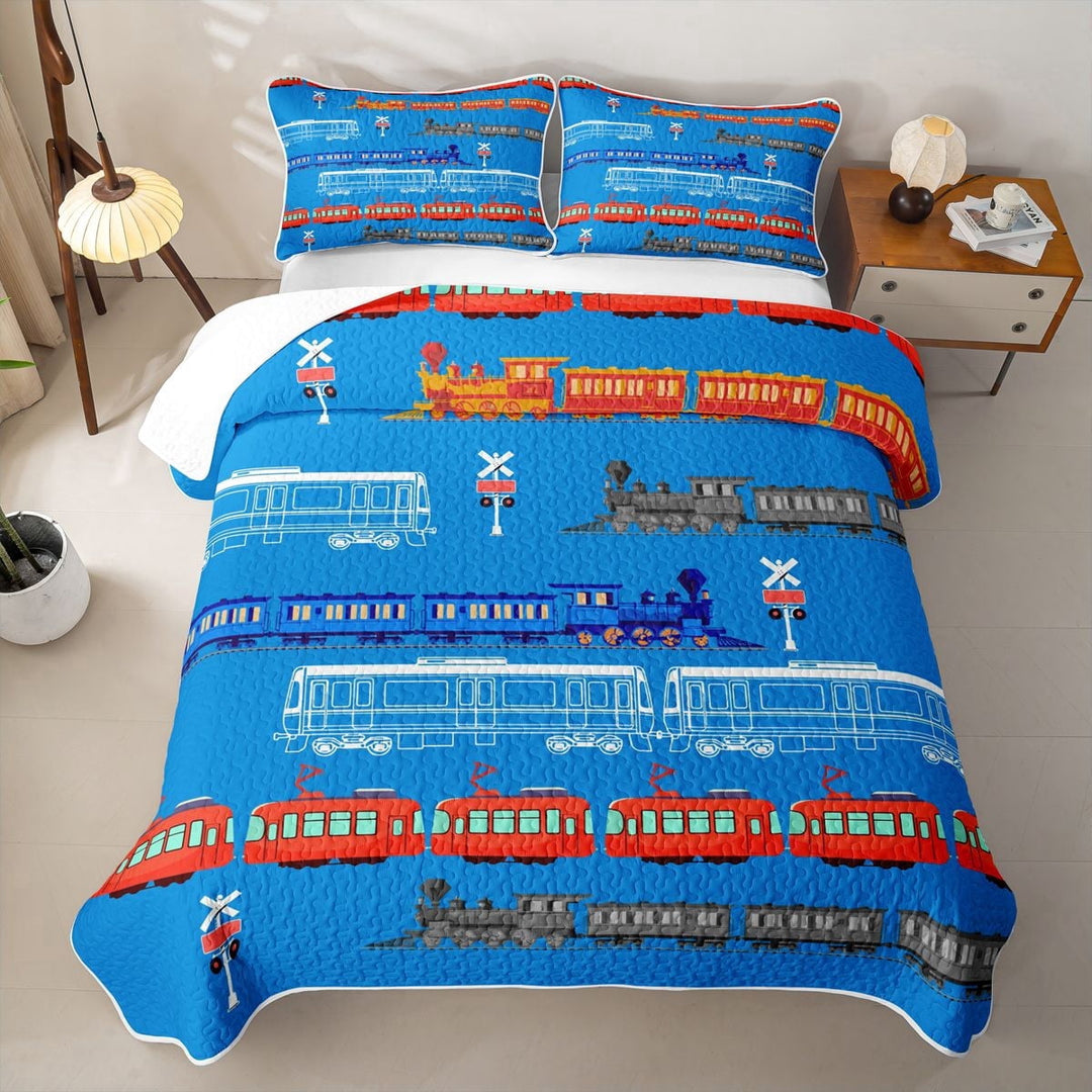 Erosebridal Classic Blue Train Twin Quilt Set for Boys Men, Railroad Sign Print Twin Coverlet Set, 2-Piece