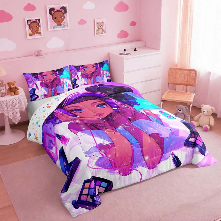 Erosebridal Black Magical Bedding Set Full Size American African Princess Comforter Set Reversible Colorful Stars Bed Comforter Sets For Teen Women Fashion Makeup Decor Quilt