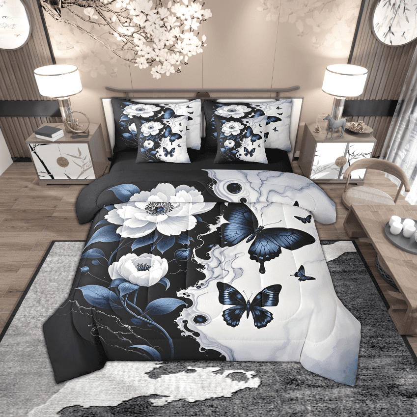 Manfei Vintage Butterfly 7-Piece Bedding Sets Full Size for Girls, Spring Flower Floral Comforter Sets with Sheets, Black White Marbling Bedding Accessories, Super Cozy Room Decorative