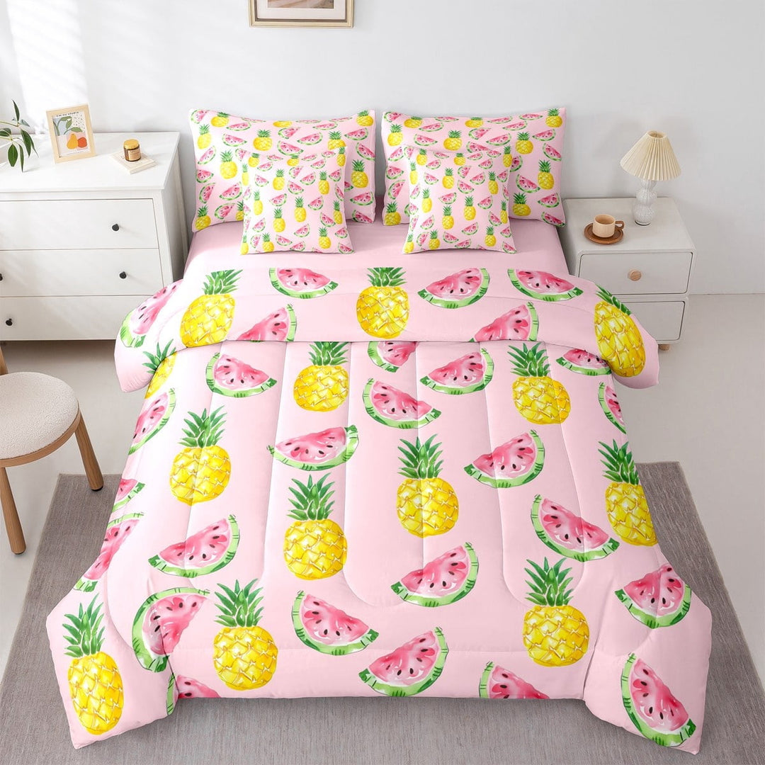 Manfei Watermelon Print Bedding Comforter Set 7 Pieces for Kid, Pink Yummy Fruit Full Bedding Set, Kawaii Cartoon Pineapple Reversible Fitted Sheet Flat Sheet, Lightweight Room Decor