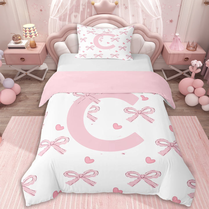 Erosebridal Cute Letter C Monogrammed Twin Bedding For Kids Teens,Cartoon Bow Tie Duvet Cover Set For Girls,Pink Reversible,Microfiber Bedroom Decor,2pcs,No Comforter
