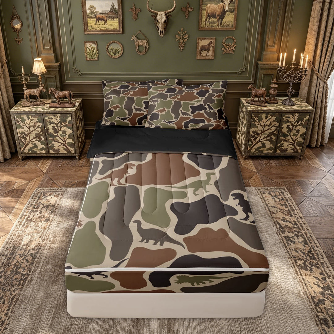 meiyoeat Dino Camo Zipper Comforter Set with Fitted Sheet and 2 Pillowcases for Boys, Dinosaur Print Zipper Bedding Set for Kids, Green, Black Reversible, 3 Pieces