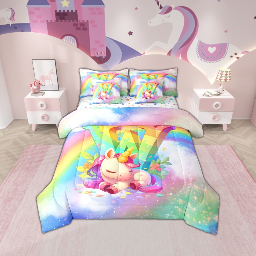 Erosebridal Monogrammed W Bedding Twin Size, Kawaii Unicorn Bed Set, Cartoon Rainbow Reversible Bedding Sets Twin Size, Ultra Soft Bedroom Decoration, 7pcs