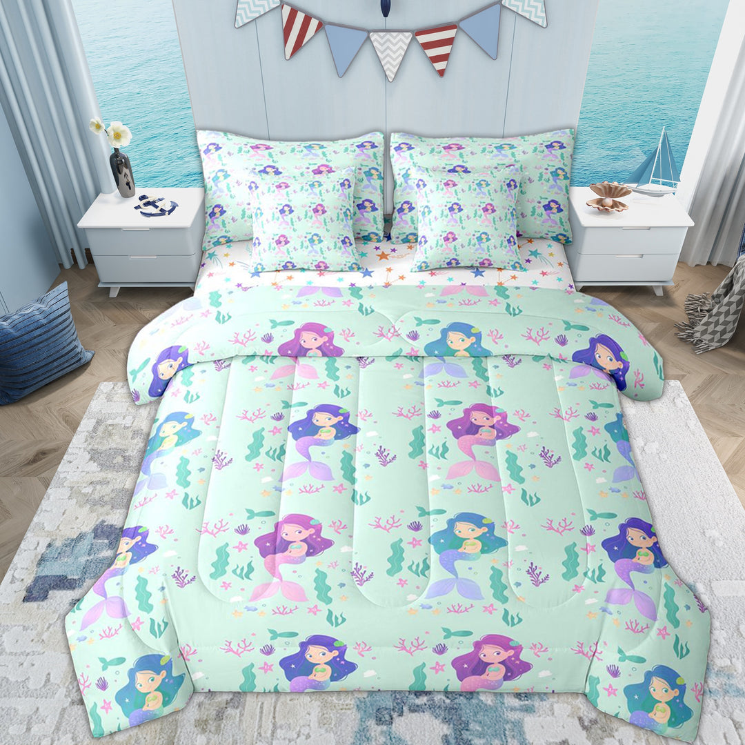 Erosebridal Ocean Mermaid Girls Twin Bedding Sets 7-Piece, Cute Princess Bedding Comforter Set