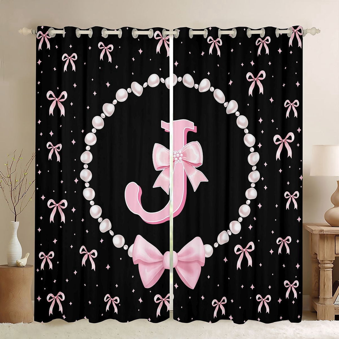 Manfei Ribbon Bow Tie J Personalized Initial Black Out Curtains for Kids Girls,Teens Black Pink Bow Pearl Print Curtains Pack of 2 (42x63 Each),Ultra Soft Home Decor