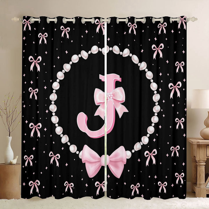 Manfei Ribbon Bow Tie J Personalized Initial Black Out Curtains for Kids Girls,Teens Black Pink Bow Pearl Print Curtains Pack of 2 (42x63 Each),Ultra Soft Home Decor
