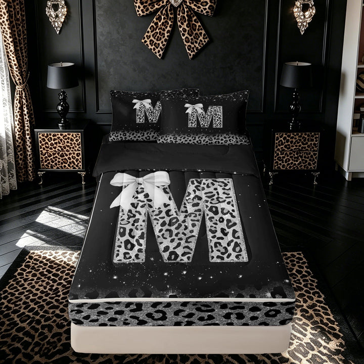 meiyoeat Leopard Print Print Letter Zipper Comforter Set with Fitted Sheet and 2 Pillowcases for Women, Glitter Initial Zipper Bedding Set for Home, Black Silver, Black Reversible, 3 Pieces