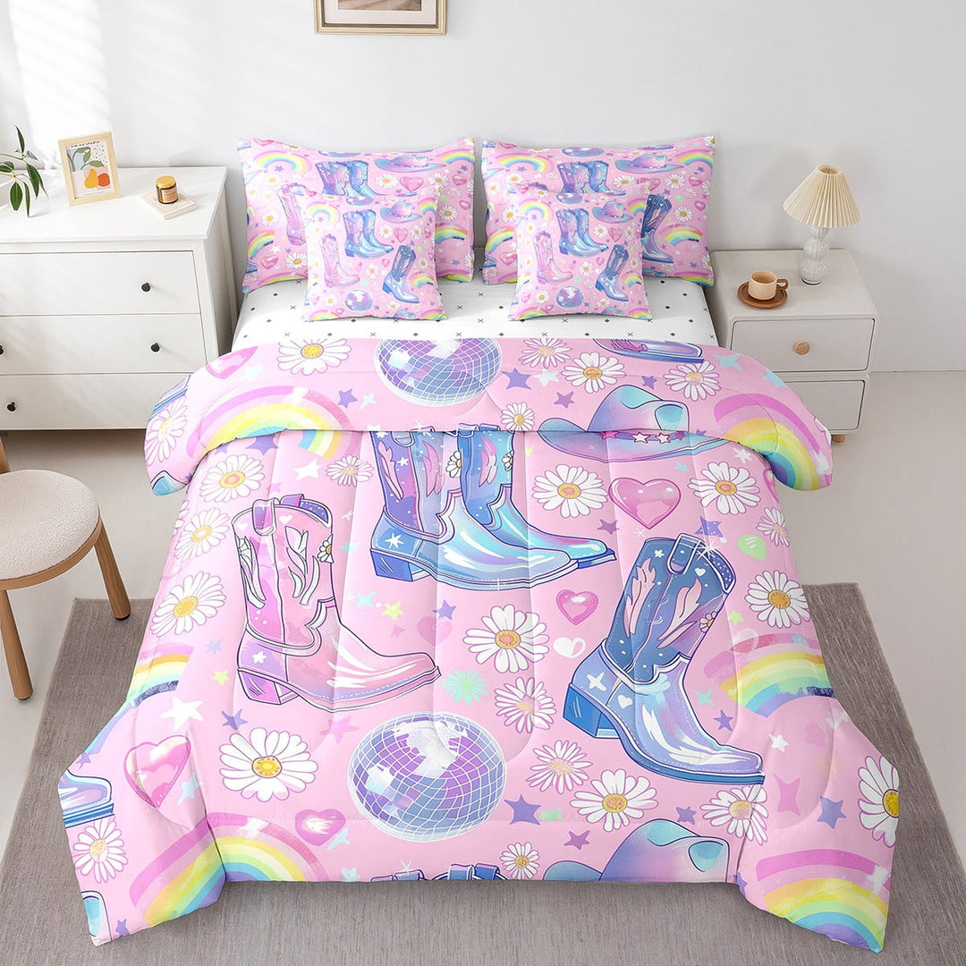 Erosebridal Cowgirl Bedding Set With Sheets Western Cowboy Hat Boots Comforter Set 7 Piece Twin Cute Rainbow Daisy Hearts Bed in A Bag Disco Wild West Theme Bed Set