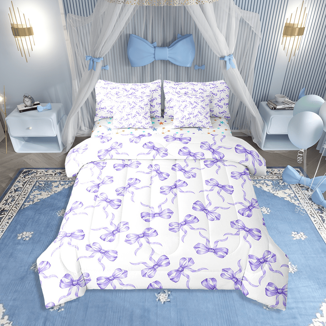 Erosebridal Bow Bedding Sets Twin Size,Cute Kawaii Comforter Sets with Sheets,Reversible,7pcs