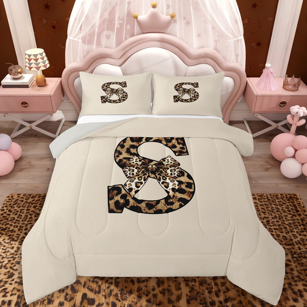 Erosebridal S Letter Monogrammed Full Size Comforter Sets 3 Pieces For Teens Adults,Girls Boys Vintage Cheetah Print Bow Bedding Sets,Grey Reversible