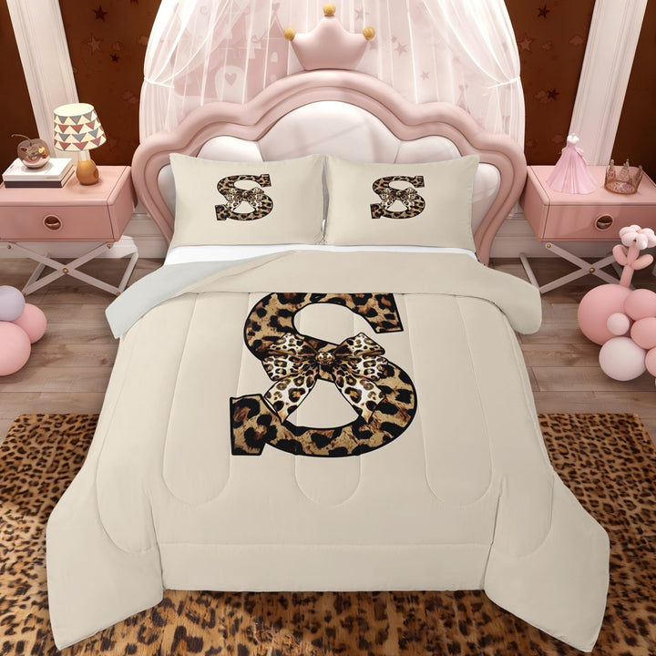 Erosebridal S Letter Monogrammed Full Size Comforter Sets 3 Pieces For Teens Adults,Girls Boys Vintage Cheetah Print Bow Bedding Sets,Grey Reversible