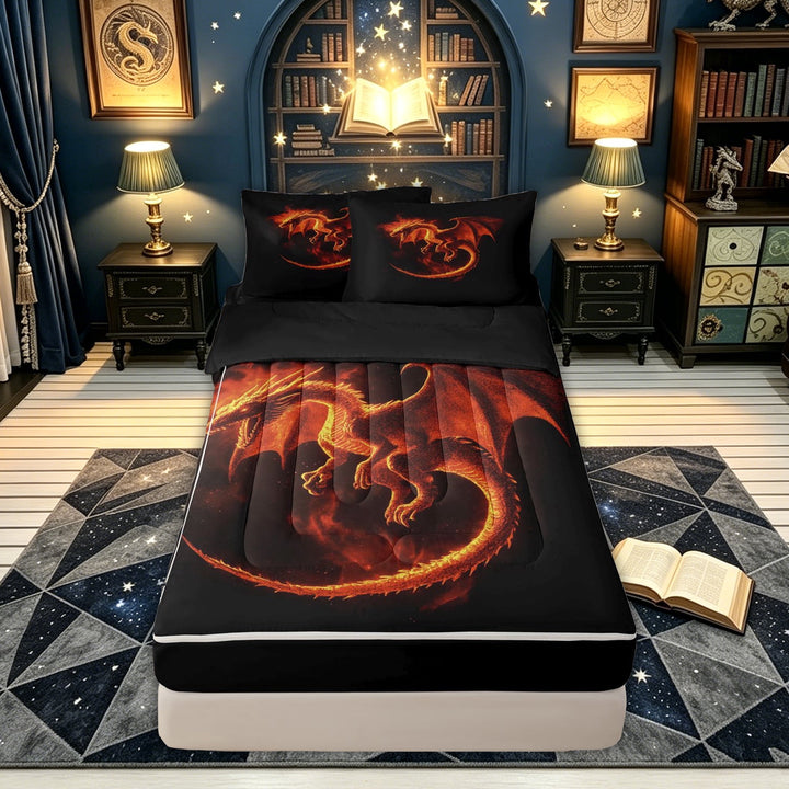 meiyoeat Orange Fire Dragon Zipper Twin Comforter Sets with Fitted Sheet and 2 Pillowcases for Boys, Flame Animal Zipper Bedding Set, Black Orange, Black Reversible, 4pcs