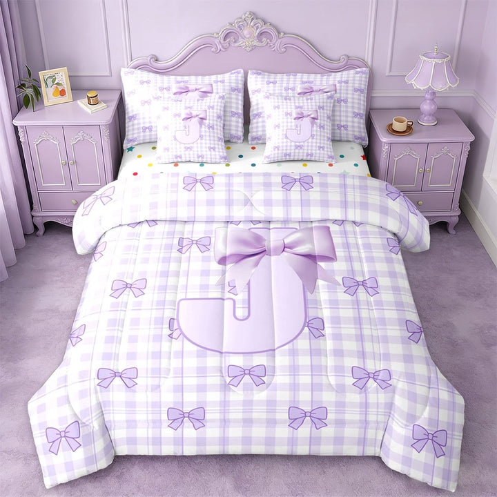 Erosebridal Fashion Bow Tie 7-Piece Twin Bedding Sets For Girls,Purple Plaid Letter J Initial Monogram Bedding Comforter Set,Reversible