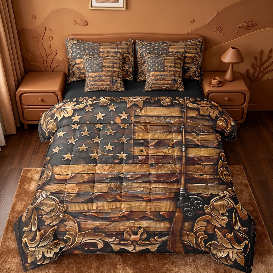 jejeloiu Vintage Camo Hunting 7 Pieces Full Size Bedding Sets,Retro American Flag Print Full Size Bed in a Bag For Boys,Brown Black,Black Reversible