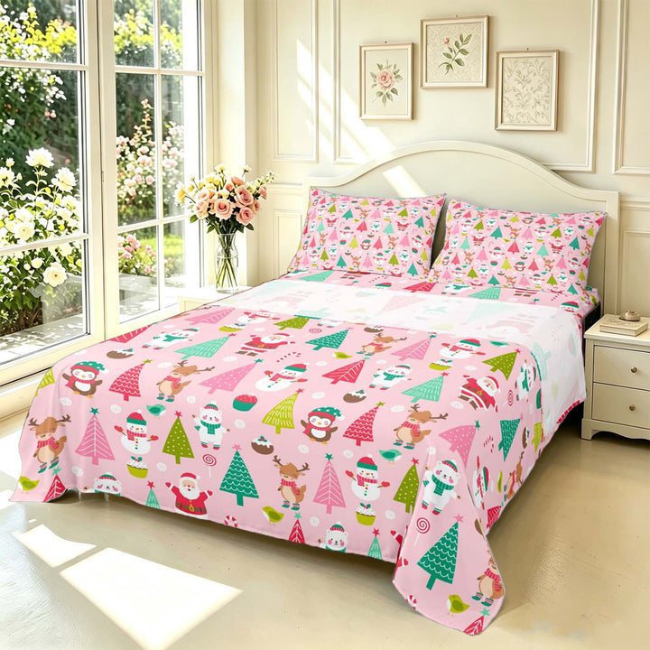 Manfei Cute Santa Claus Bed Sheets,Festive Christmas Tree Full Size Sheets,Pink,4 Pieces,1 Flat Sheet,1 Fitted Sheet and 2 Pillowcases