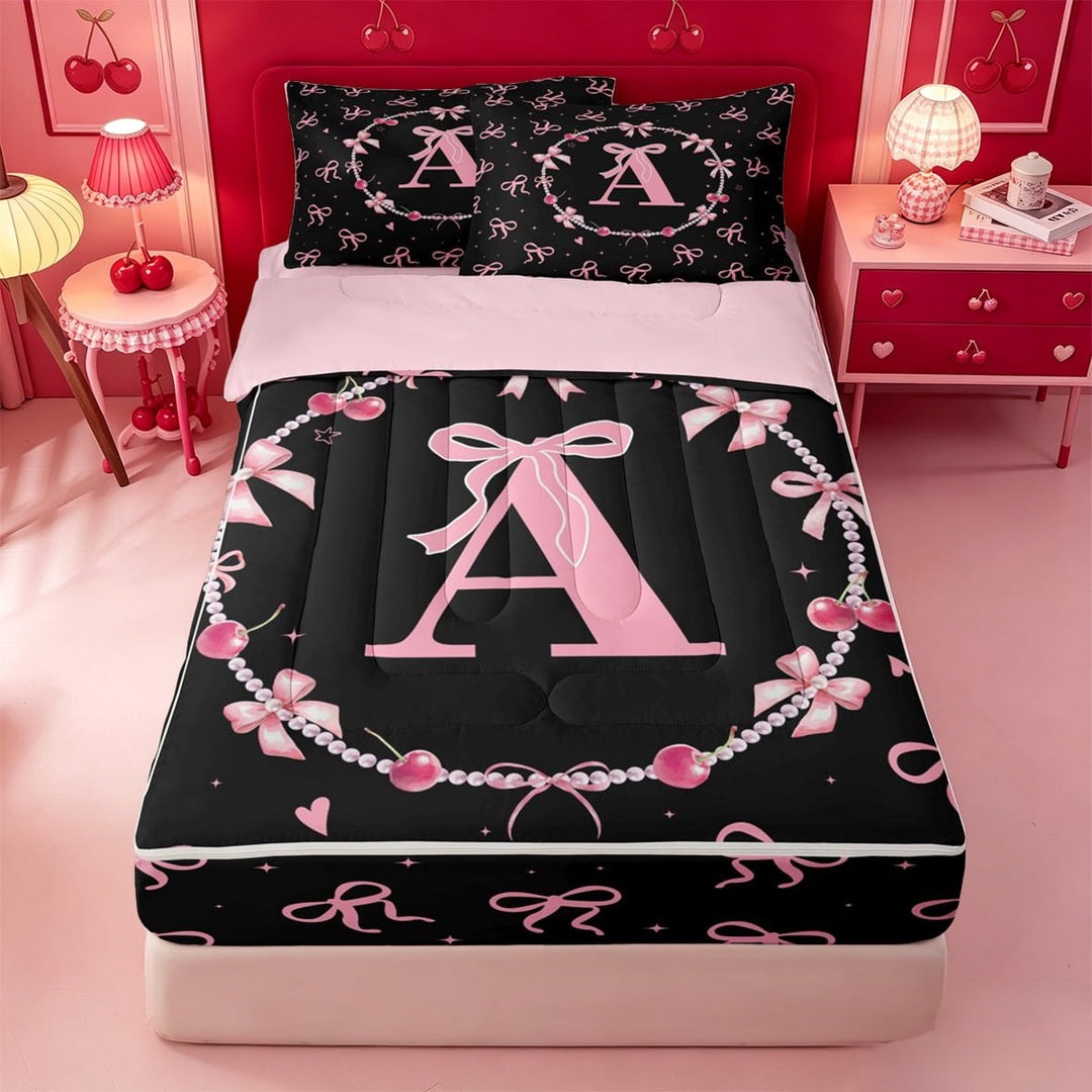 meiyoeat Black Pink Bow Monogram A Zipper Twin Comforter Sets with Fitted Sheet and 2 Pillowcases,Chic Coquette Bow Tie Pearl Zipper Bedding Set For Girl,Pink Reversible,4 Pieces