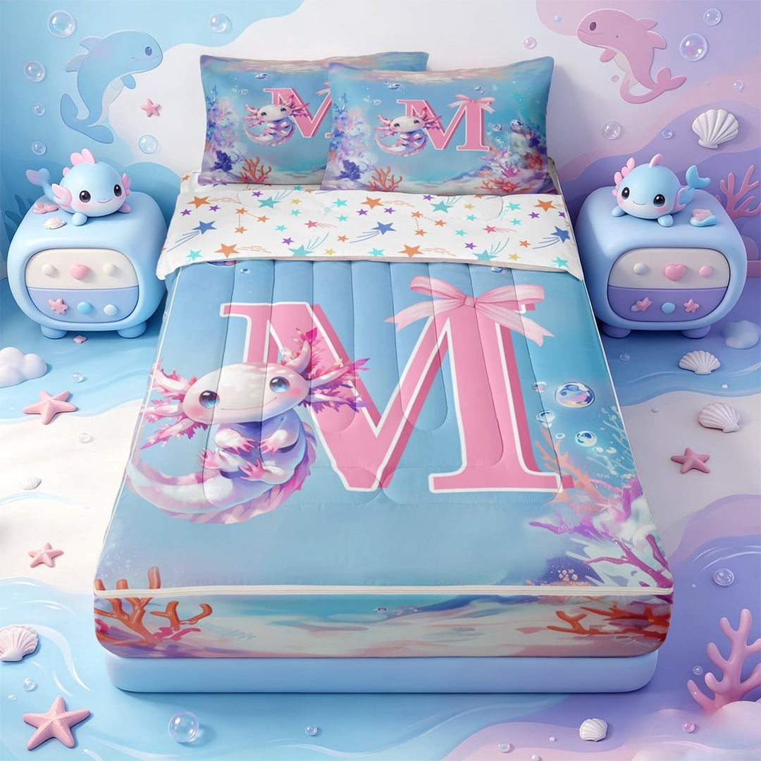 meiyoeat Underwater Axolotl Zipper Full Size Comforter Sets with Fitted Sheet and 2 Pillowcases For Girls,Personalized Monogram M Zipper Bedding Set,Colorful Stars Reversible,4-Piece