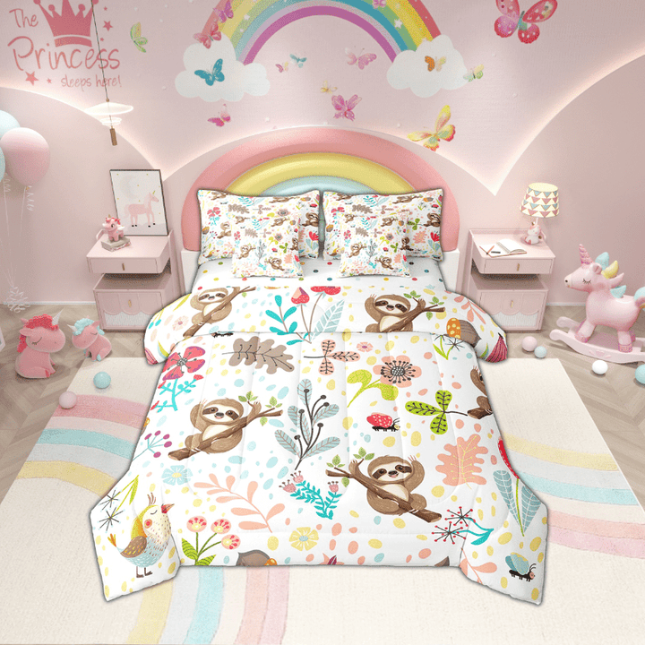 Erosebridal Sloth Full Bed In A Bag With Sheets Cute Sloths Comforter Set 7 Piece Woodland Botanical Leaves Flower Bedding Set Jungle Wildlife Bed Set Cartoon Animal Room Decor