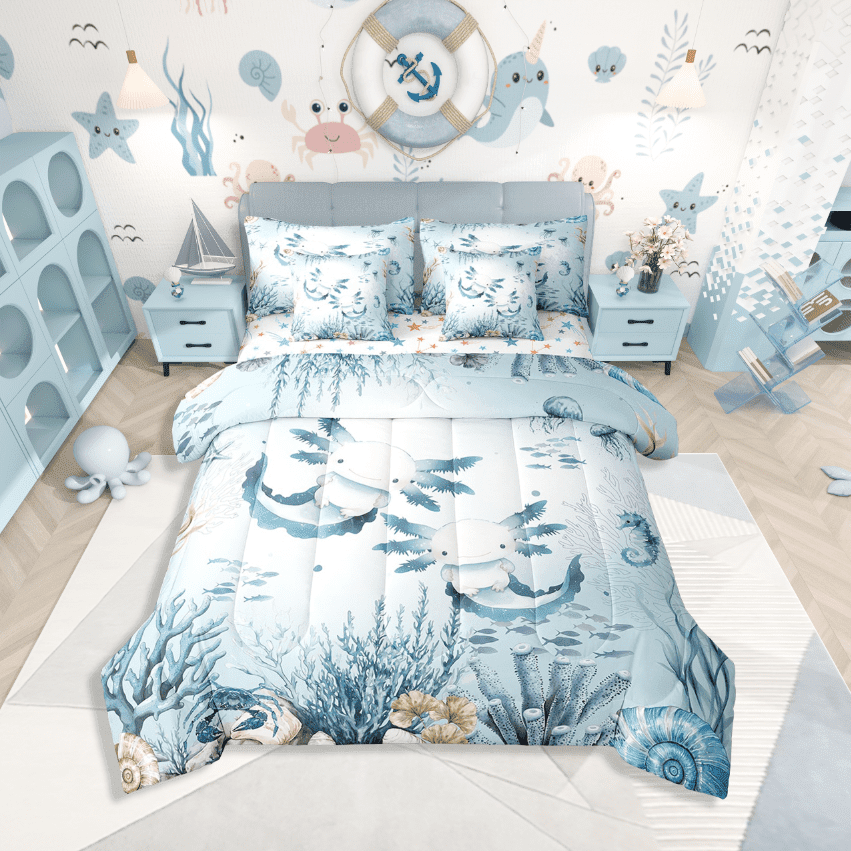 Erosebridal Cartoon Animal Axolotl Bedding Sets Twin Size,Sealife Seahorse Comforter Sets with Sheets,Marine Theme Decor,Reversible,7pcs