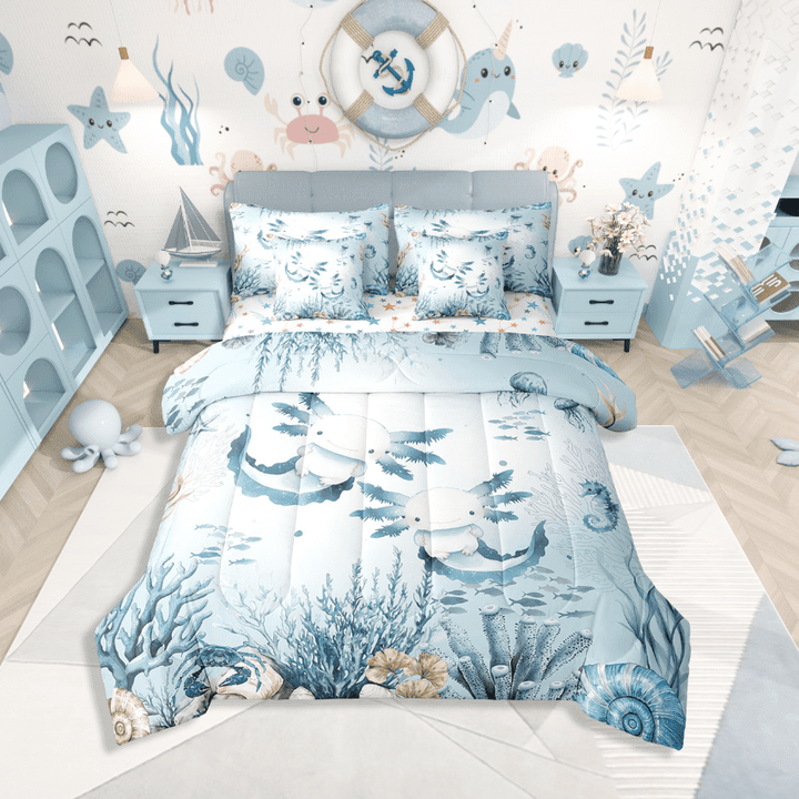 Erosebridal Cartoon Animal Axolotl Bedding Sets Twin Size,Sealife Seahorse Comforter Sets with Sheets,Marine Theme Decor,Reversible,7pcs