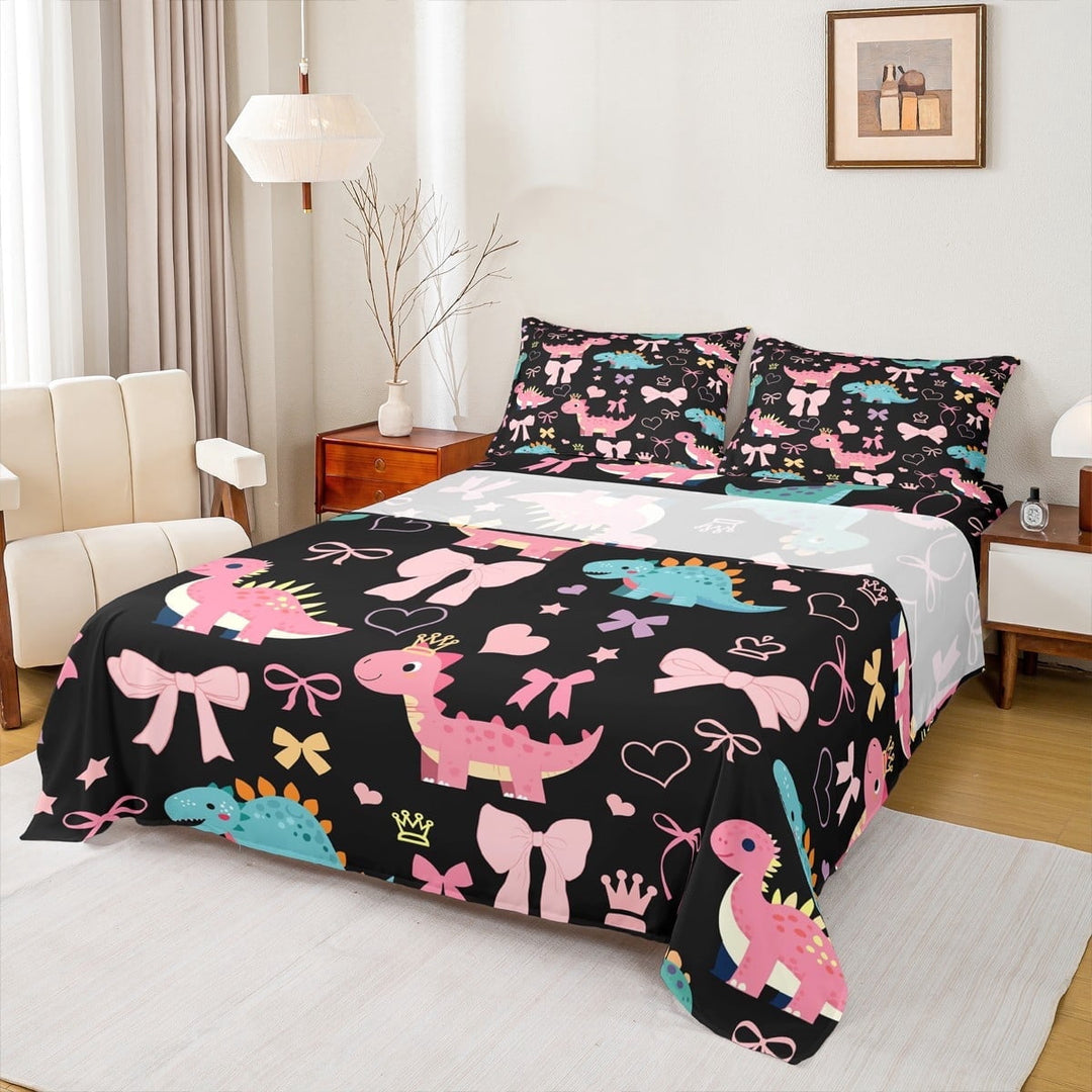 Manfei Teens Cartoon Dinosaur Queen Sheet Sets, Kawaii Animal Flat Sheet, Rainbow Flower Queen Fitted Sheet, Super Cozy Room Decor, 4-Piece