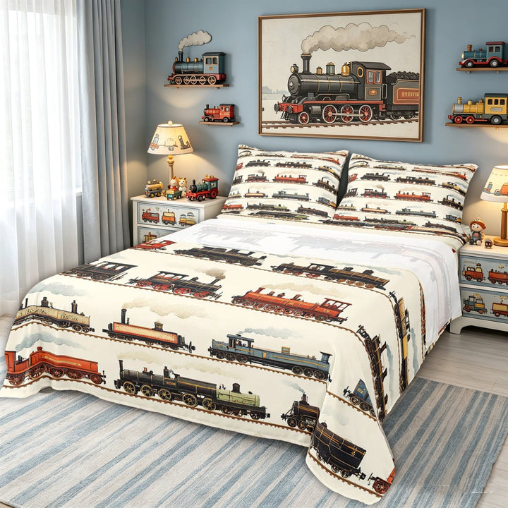meiyoeat Vintage Train Print Bed Sheets for Kids Boys, Classic Steam Engine Full Size Sheets, Beige Multicolor, 4pcs