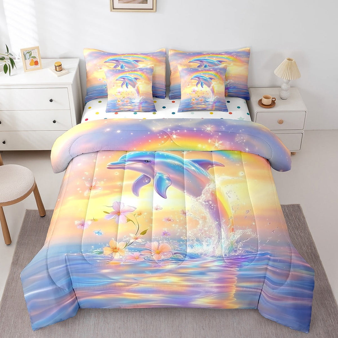 Erosebridal Dreamy Dolphin Bed in a Bag Twin size, Pink Flower Bed Set, Sunset Ocean Decor, Reversible 7pcs