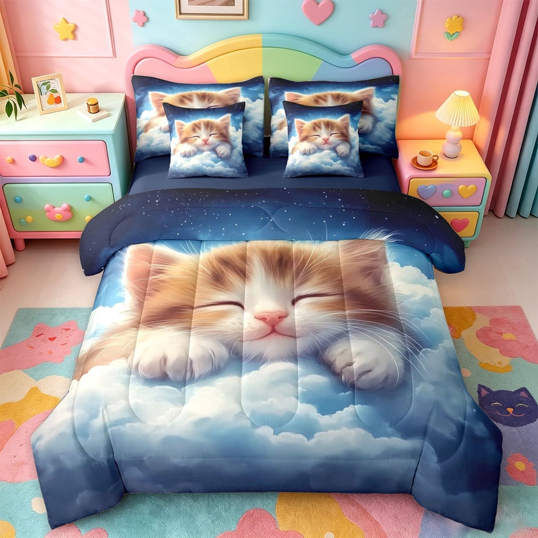 jejeloiu Kawaii Kitten 7-Piece Twin Bedding Sets Kids,3D Cartoon Orange Cat Print Bedding Comforter Set,Reversible