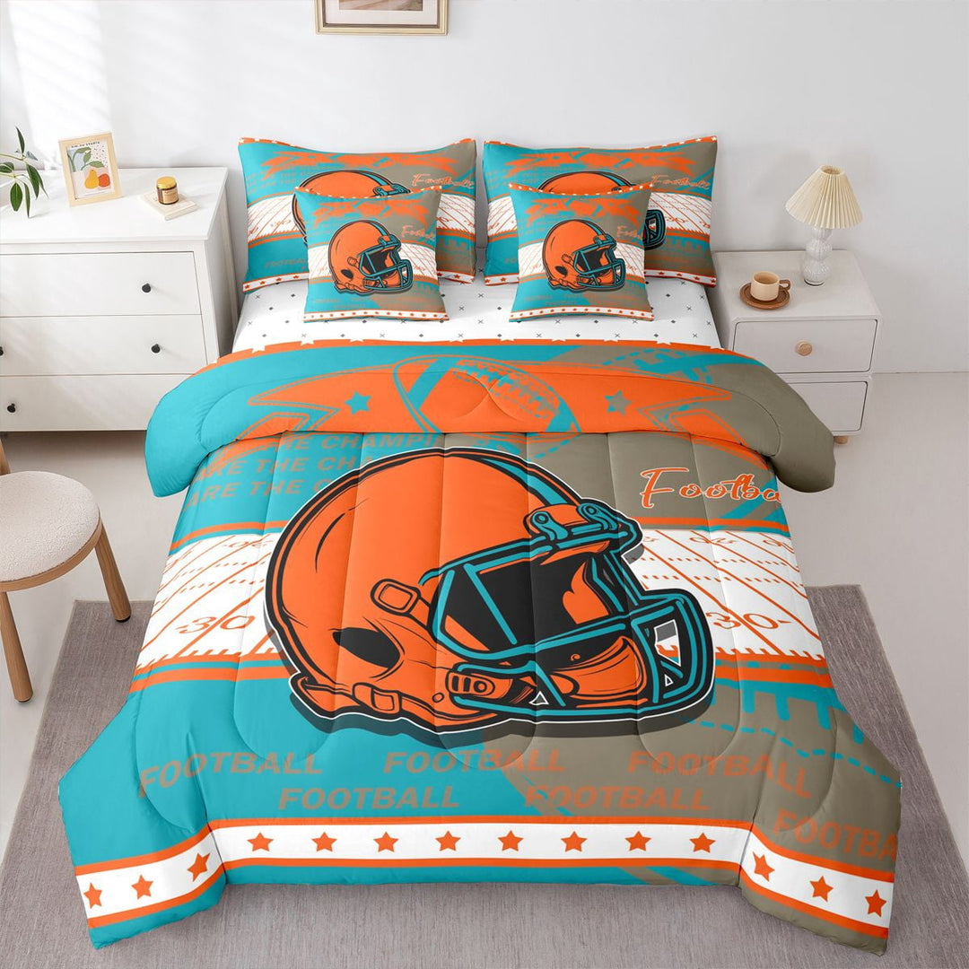 Erosebridal Football Helmet Print Bed in a Bag Twin size, Sports Theme Quilted Comforter , Miami, Blue Orange, Lightweight 7pcs