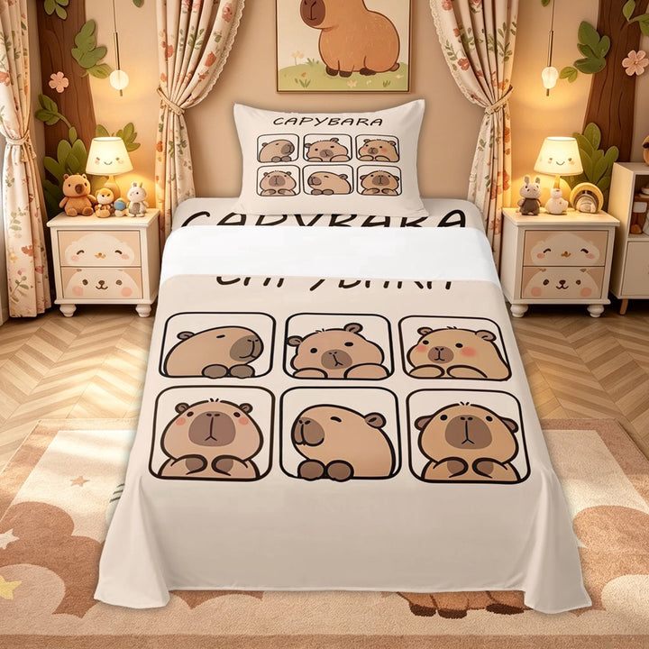 meiyoeat Cute Capybara Animal Bed Sheets for Kids Girls, Kawaii Cartoon Style Full Size Sheets, Beige, 4-Piece