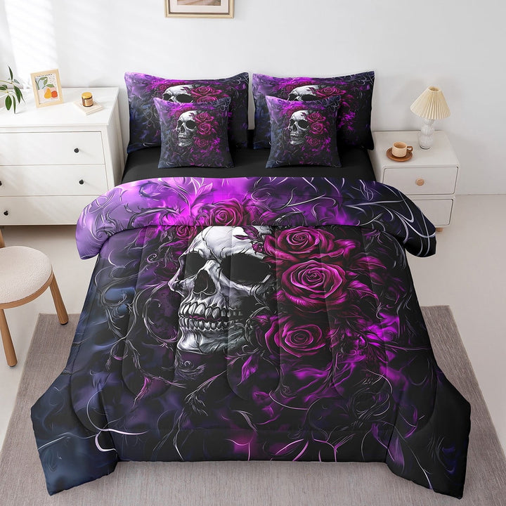 Erosebridal Sugar Skull Comforter Set with Sheets Purple Blue Rose 7 Piece Bedding Set Queen Size Gothic Skull Bed in a Bag Scary Bed Set