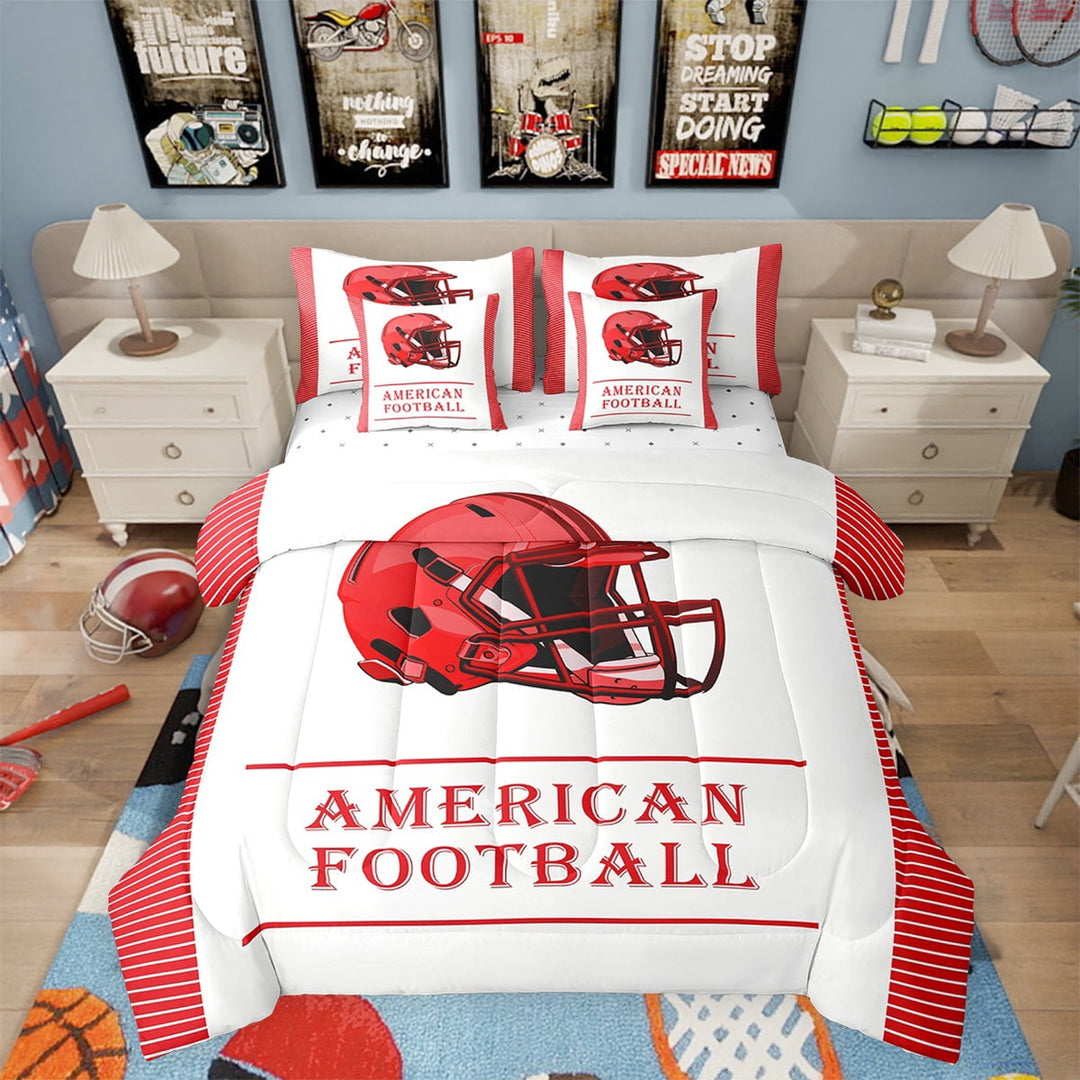 Erosebridal American Football 7 Piece Bedding Set Twin Size Rugby Theme Comforter Set with Sheets Teens White Red Stripe Bed in a Bag Sport Helmet Bed Set