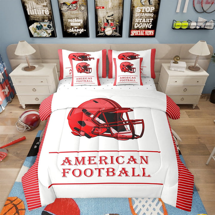 Erosebridal American Football 7 Piece Bedding Set Twin Size Rugby Theme Comforter Set with Sheets Teens White Red Stripe Bed in a Bag Sport Helmet Bed Set