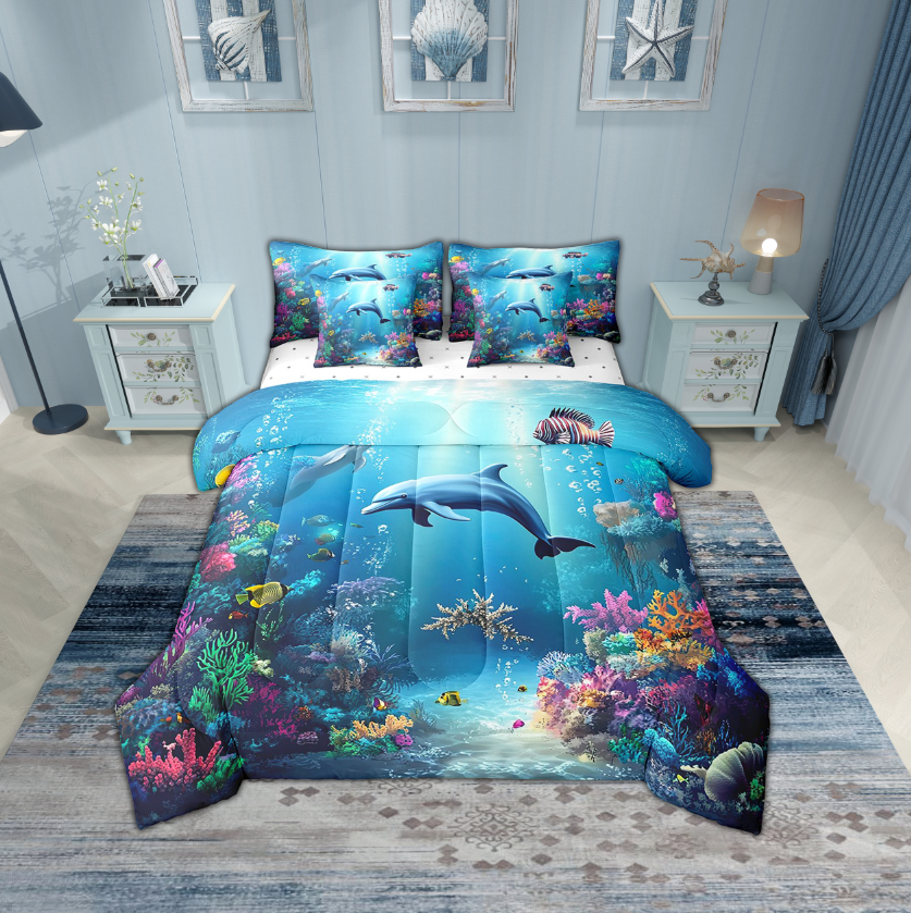 Erosebridal Animal Dolphin Bedding Sets Twin Size,Underwater World Comforter Sets with Sheets,Ocean Decoration,Reversible,Breathable,7pcs