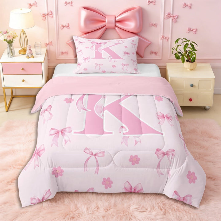 Erosebridal Ribbon Bow Knot K Personalized Initial Twin Comforter Sets 3-Piece,Floral Cherry Blossoms Bedding Set,Pink Reversible,Lightweight Room Decor