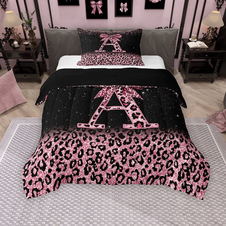 Erosebridal Cute Pink Leopard Print Twin Comforter Sets for Girls, Bowknot Letter A Bedding Set, Black Reversible 2 Pieces, 1 Comforter and 1 Pillowcase