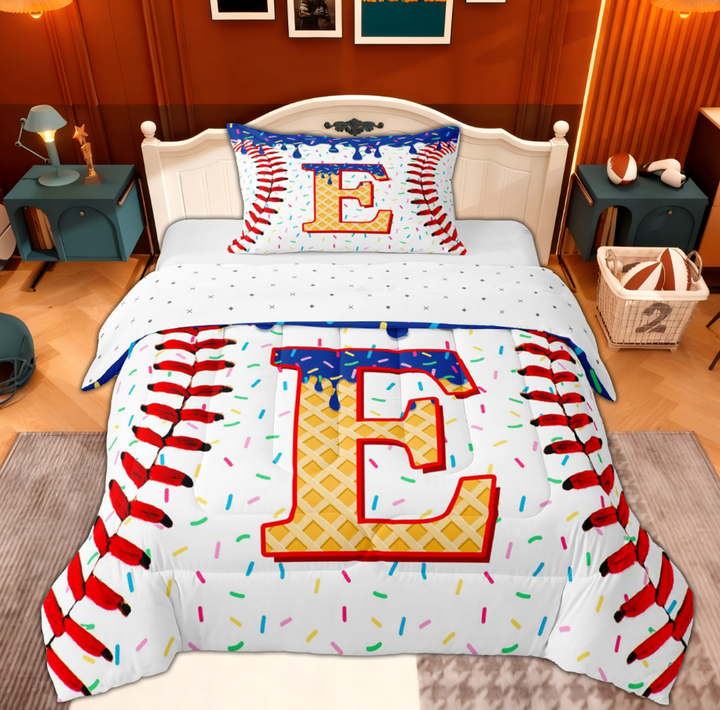 Erosebridal Cartoon E Letter Twin Comforter Sets, Boys Baseball Game Bedding Set, 2 Pieces