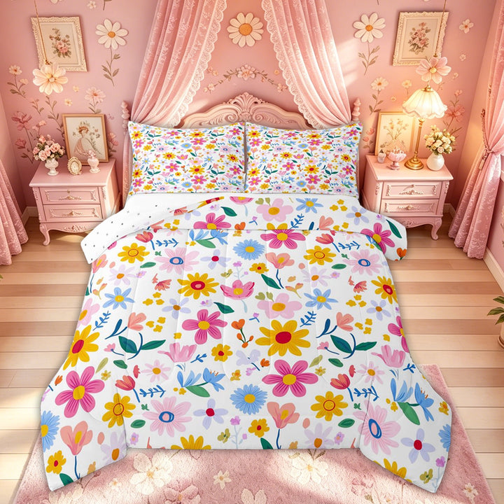 Meiyoeat Spring Garden Flower Full Size Comforter Sets for Kids Girls, Colorful Cartoon Floral Bedding Sets, Reversible, 3 Pieces