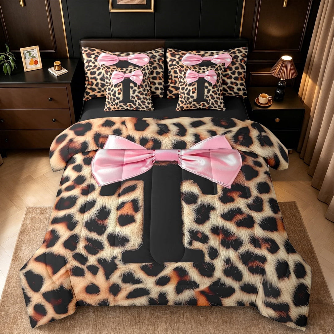 Erosebridal Pink Bow Tie 7-Piece Twin Bedding Sets For Girls Kids,Brown Leopard Letter T Initial Lettering Bedding Comforter Set,Black Reversible