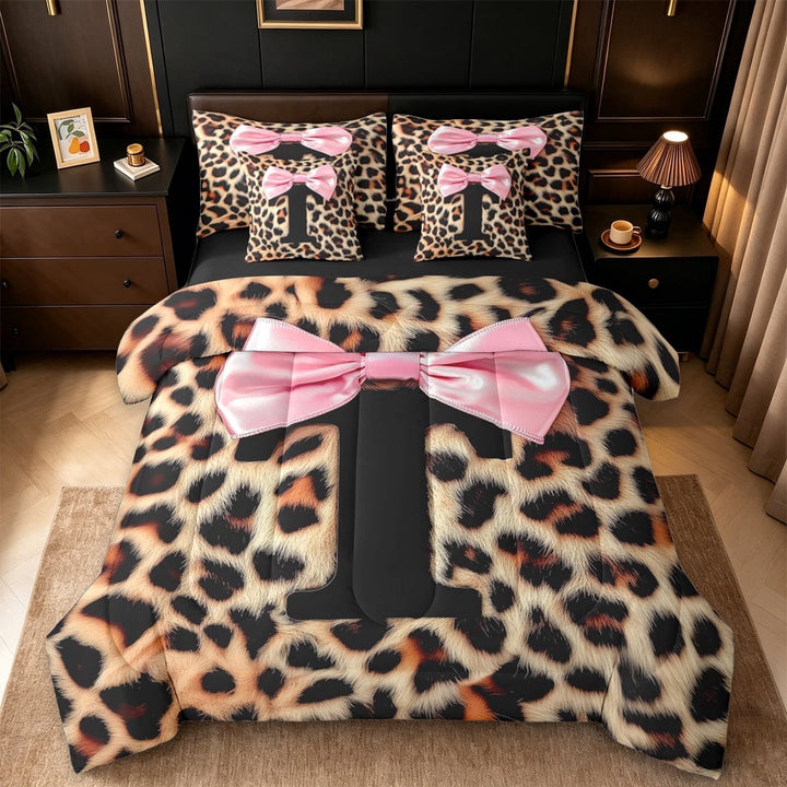 Erosebridal Pink Bow Tie 7-Piece Twin Bedding Sets For Girls Kids,Brown Leopard Letter T Initial Lettering Bedding Comforter Set,Black Reversible