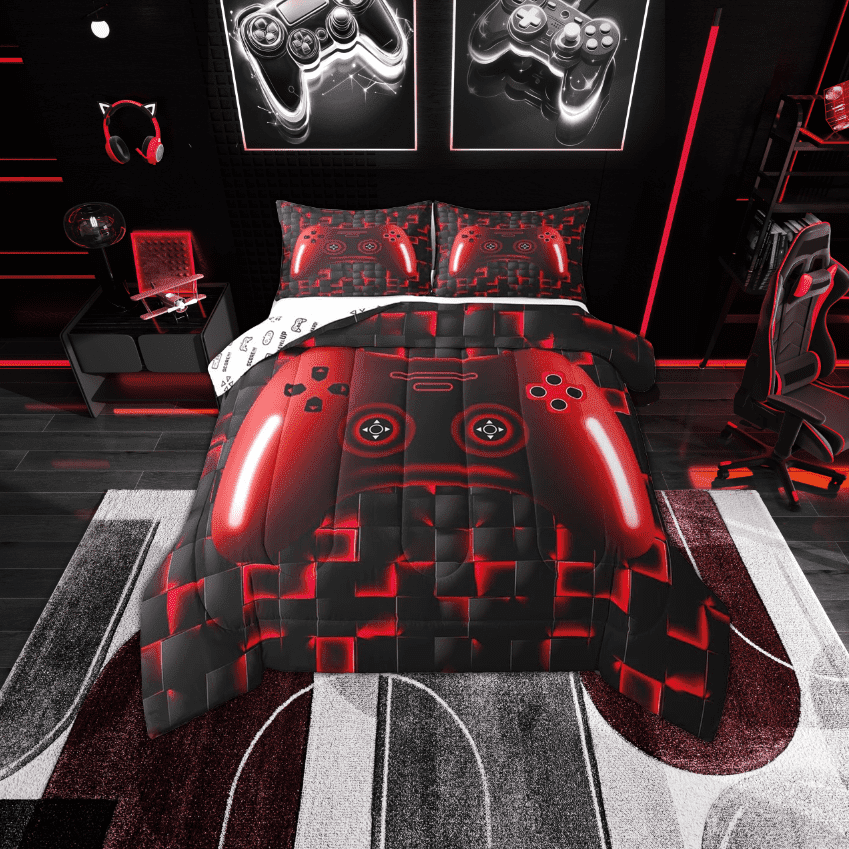 Erosebridal Full Gaming Bedding Sets Red Game Console 3D Black Gamer Comforter Set With 2 Pillowcases Teen Lightweight Geometric Gamepad Bedroom Set(Red, Full)