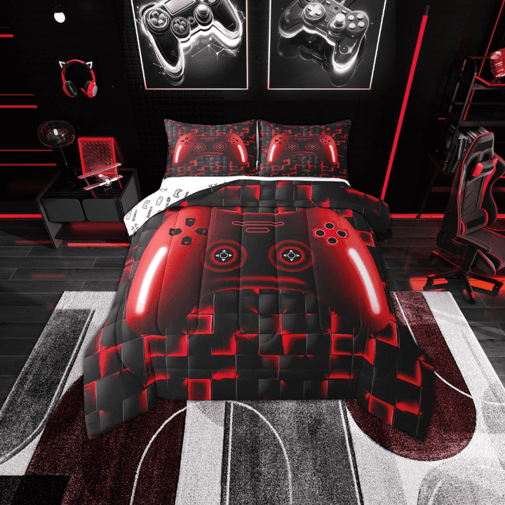 Erosebridal Full Gaming Bedding Sets Red Game Console 3D Black Gamer Comforter Set With 2 Pillowcases Teen Lightweight Geometric Gamepad Bedroom Set(Red, Full)