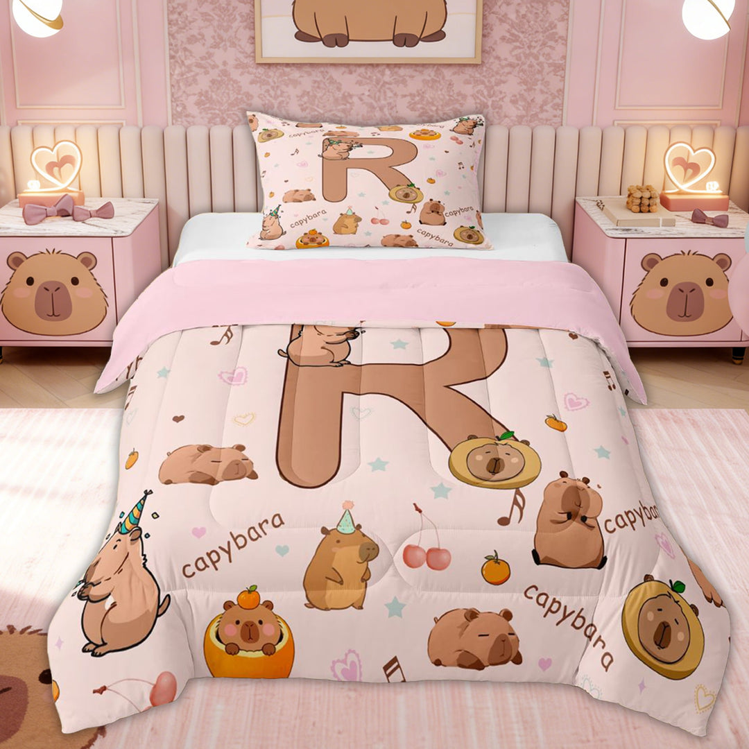 Erosebridal Brown Capybara Kid Twin Comforter Sets, Cute Letter R Bedding Set, 2pcs, Pink Reversible